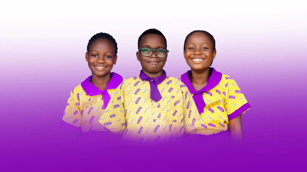 Smiling Palmville Children School pupils in purple and yellow uniforms